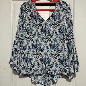 WHBM Blue and White Printed Bell Sleeve Blouse with Black Velvet Accents